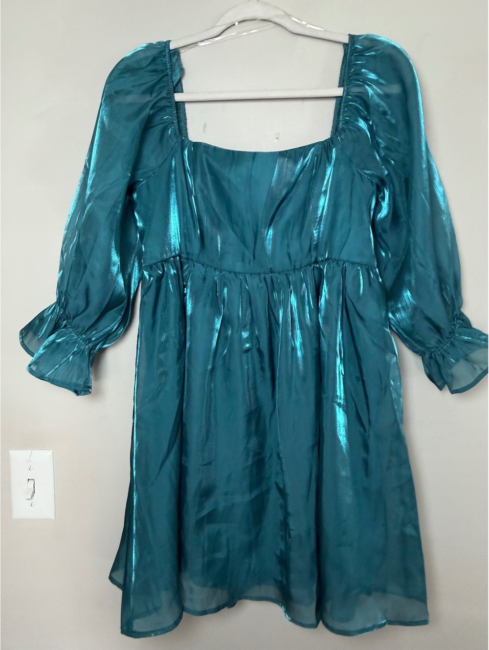 Thirty/Thirty LA Teal Shiny Puff Sleeve Mini Dress, Fairycore, Size Large